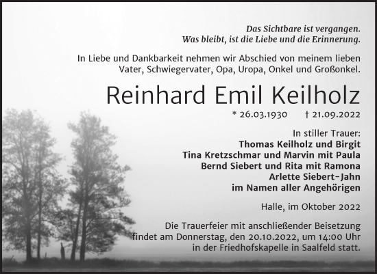 Traueranzeige von Reinhard Emil Keilholz von Mitteldeutsche Zeitung Halle/Saalkreis