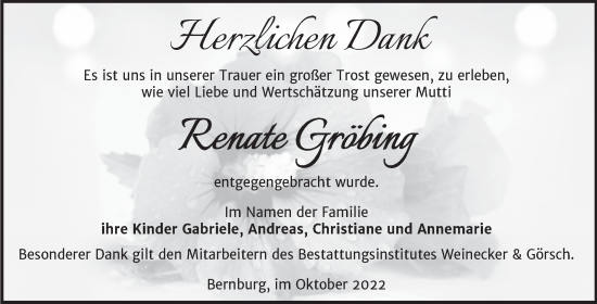 Traueranzeige von Renate Gröbing von Trauerkombi Bernburg