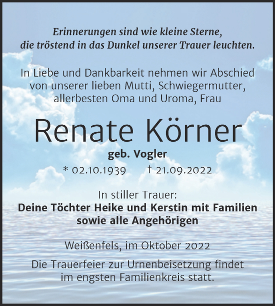 Traueranzeige von Renate Körner von Trauerkombi Weißenfels