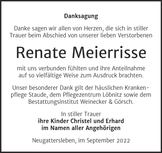 Traueranzeige von Renate Meierrisse von Trauerkombi Bernburg