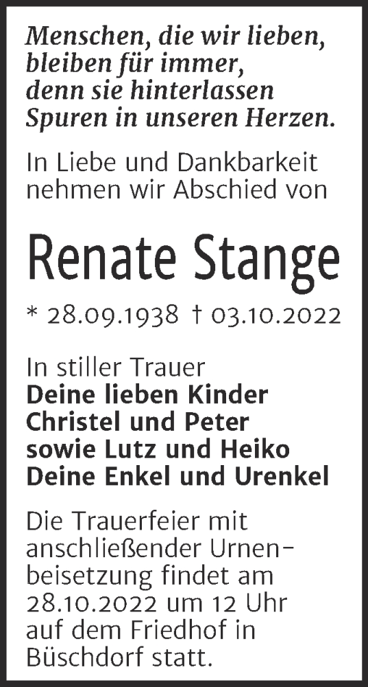 Traueranzeige von Renate Stange von Mitteldeutsche Zeitung Halle/Saalkreis