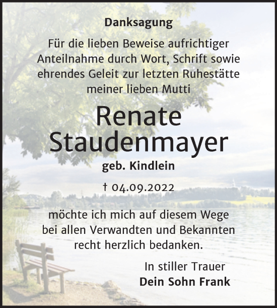 Traueranzeige von Renate Staudenmayer von Trauerkombi Bitterfeld