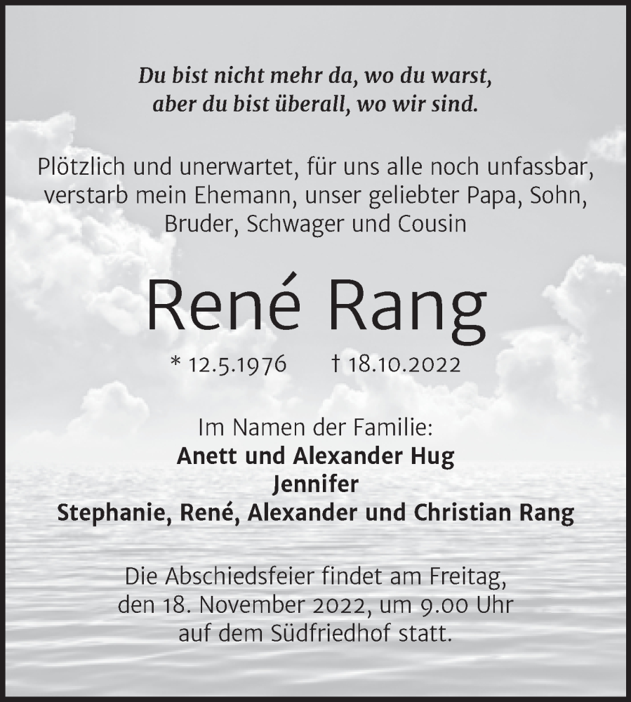  Traueranzeige für René Rang vom 29.10.2022 aus Mitteldeutsche Zeitung Halle/Saalkreis