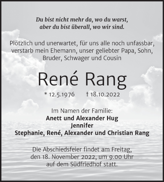 Traueranzeige von René Rang von Mitteldeutsche Zeitung Halle/Saalkreis