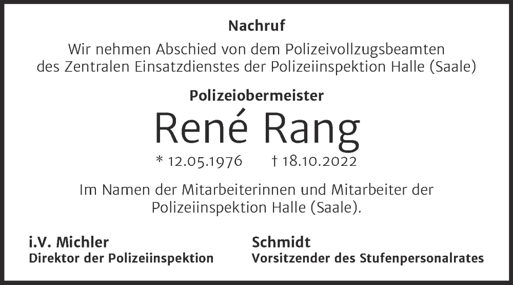  Traueranzeige für René Rang vom 29.10.2022 aus Mitteldeutsche Zeitung Halle/Saalkreis