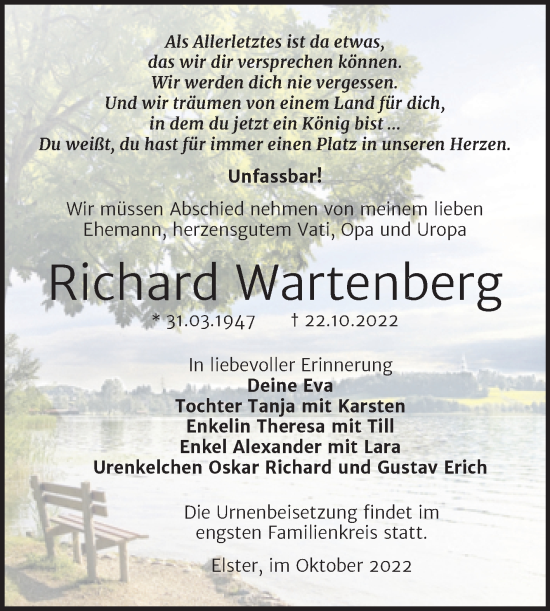 Traueranzeige von Richard Wartenberg von Trauerkombi Wittenberg