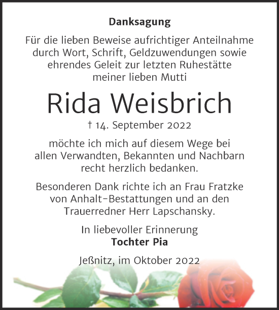 Traueranzeige von Rida Weisbrich von Trauerkombi Bitterfeld