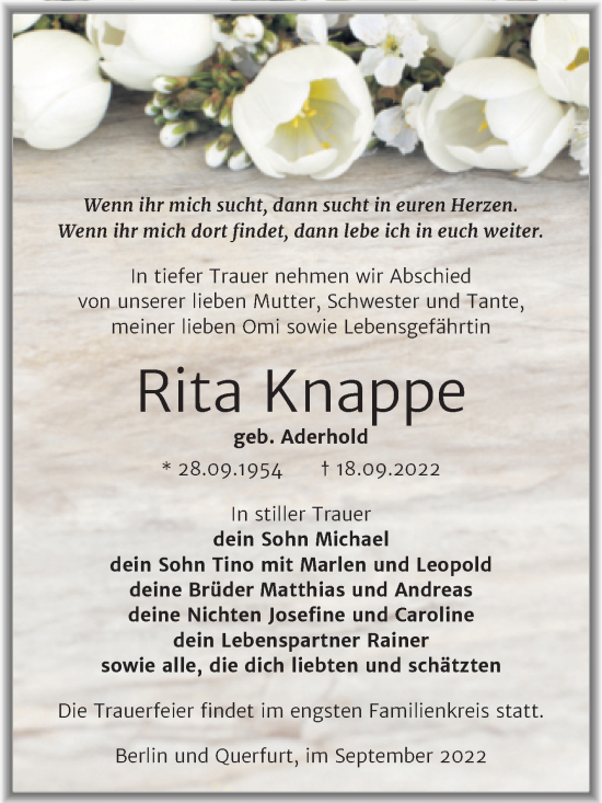 Traueranzeige von Rita Knappe von Trauerkombi Merseburg