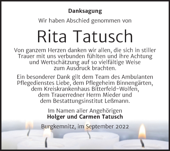 Traueranzeige von Rita Tatusch von Trauerkombi Bitterfeld