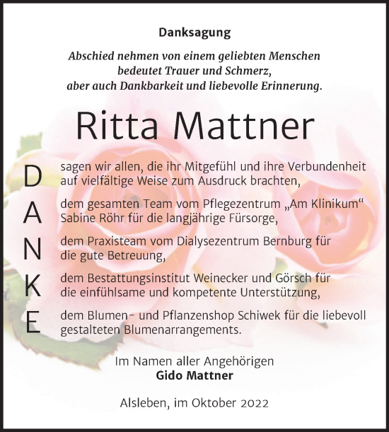Traueranzeige von Ritta Mattner von Trauerkombi Bernburg