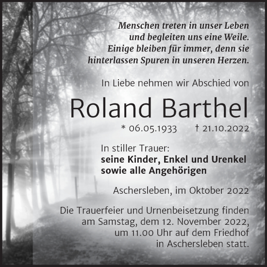 Traueranzeige von Roland Barthel von Trauerkombi Aschersleben