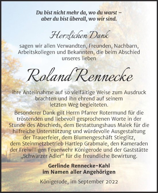 Traueranzeige von Roland Rennecke von Trauerkombi Quedlinburg