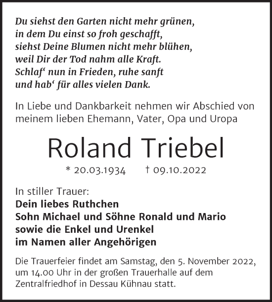 Traueranzeige von Roland Triebel von Trauerkombi Dessau