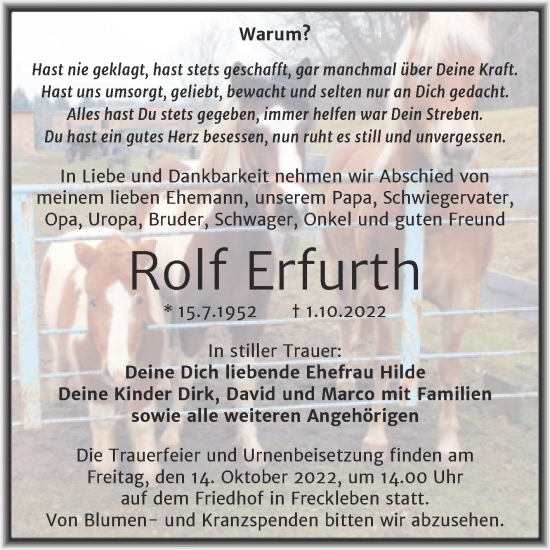 Traueranzeige von Rolf Erfurth von Trauerkombi Aschersleben