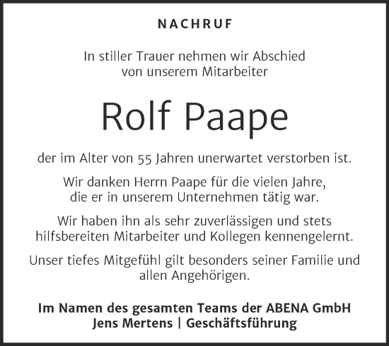 Traueranzeige von Rolf Paape von Mitteldeutsche Zeitung