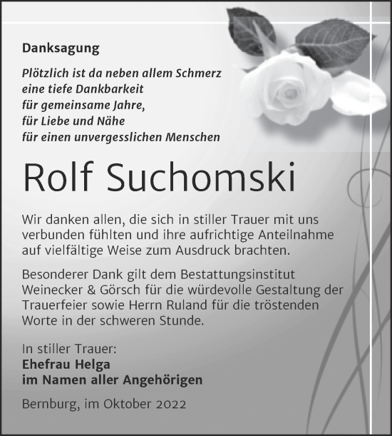 Traueranzeige von Rolf Suchomski von Trauerkombi Bernburg
