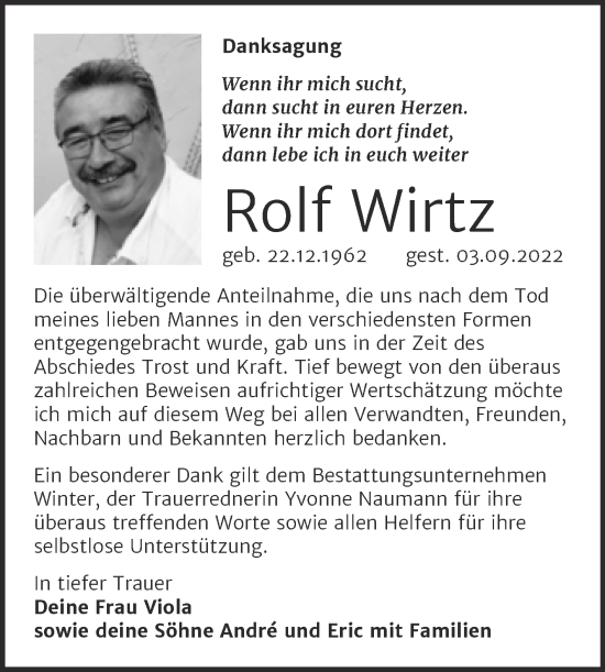 Traueranzeige von Rolf Wirtz von Trauerkombi Bitterfeld