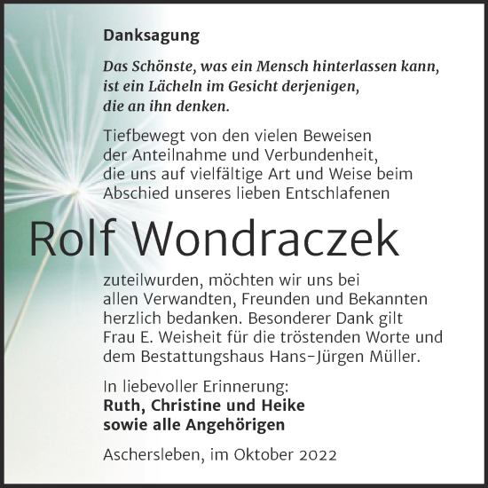 Traueranzeige von Rolf Wondraczek von Trauerkombi Aschersleben