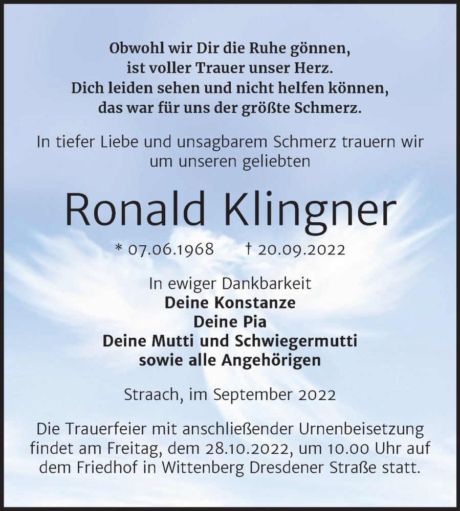  Traueranzeige für Ronald Klingner vom 01.10.2022 aus Trauerkombi Wittenberg