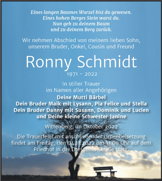 Traueranzeige von Ronny Schmidt von Trauerkombi Wittenberg