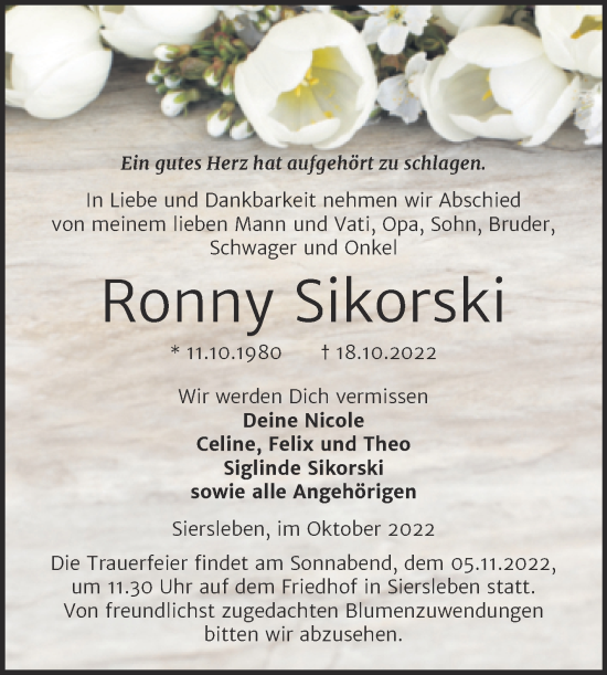 Traueranzeige von Ronny Sikorski von Trauerkombi Mansfelder Land