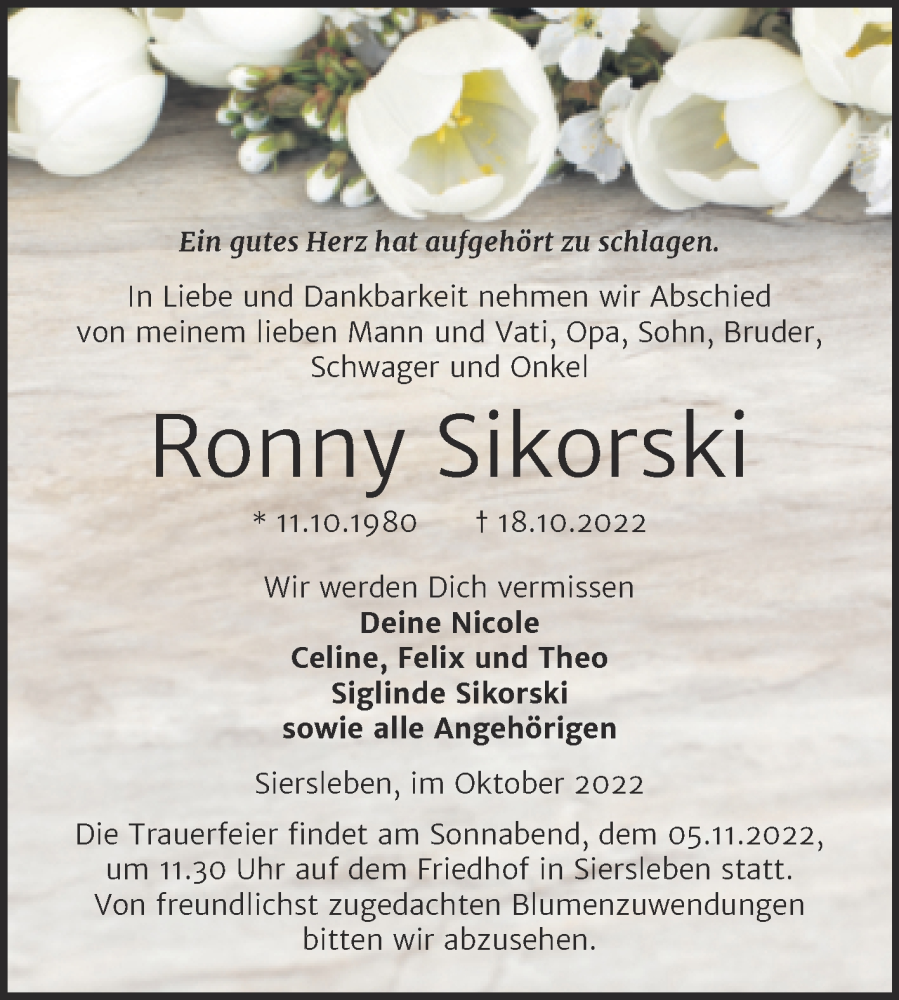  Traueranzeige für Ronny Sikorski vom 25.10.2022 aus Trauerkombi Mansfelder Land