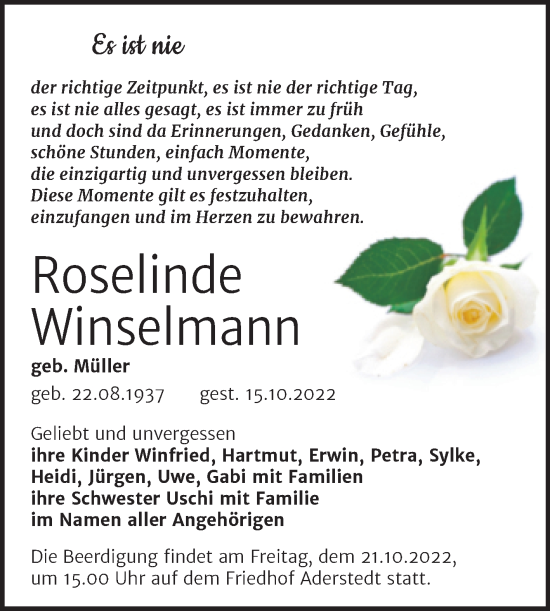 Traueranzeige von Roselinde Winselmann von Mitteldeutsche Zeitung Bernburg