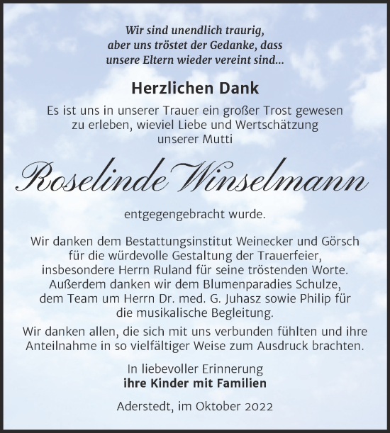 Traueranzeige von Roselinde Winselmann von Trauerkombi Bernburg