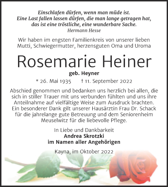 Traueranzeige von Rosemarie Heiner von Trauerkombi Zeitz