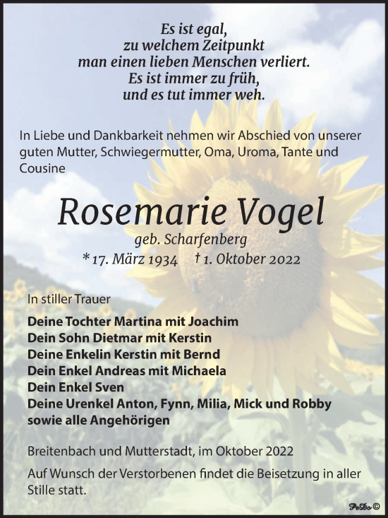 Traueranzeige von Rosemarie Vogel von Trauerkombi Zeitz