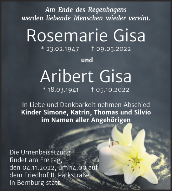 Traueranzeige von Rosemarie und Aribert Gisa von Trauerkombi Bernburg