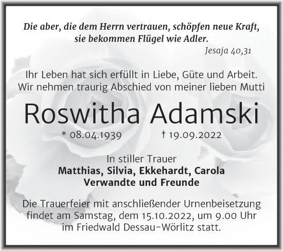 Traueranzeige von Roswitha Adamski von Trauerkombi Dessau