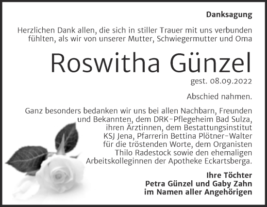 Traueranzeige von Roswitha Günzel von Wochenspiegel Naumburg/Nebra