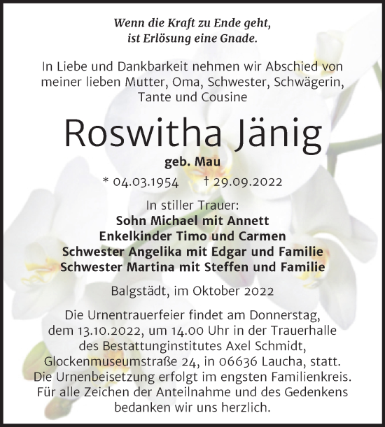 Traueranzeige von Roswitha Jänig von Naumburger Tageblatt
