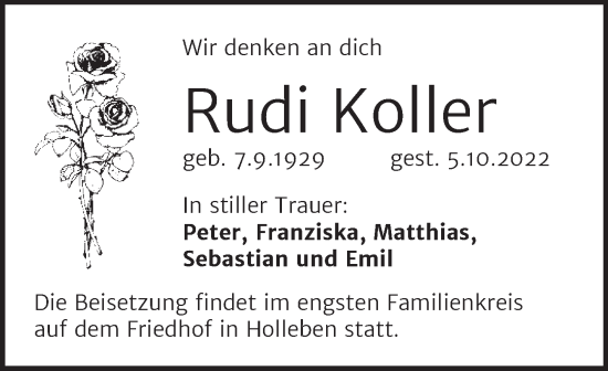 Traueranzeige von Rudi Koller von Mitteldeutsche Zeitung Halle/Saalkreis