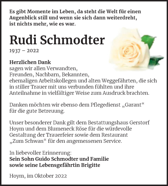 Traueranzeige von Rudi Schmodter von Trauerkombi Aschersleben