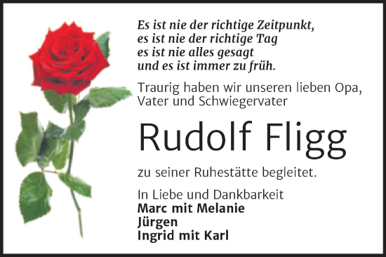 Traueranzeige von Rudolf Fligg von Trauerkombi Aschersleben
