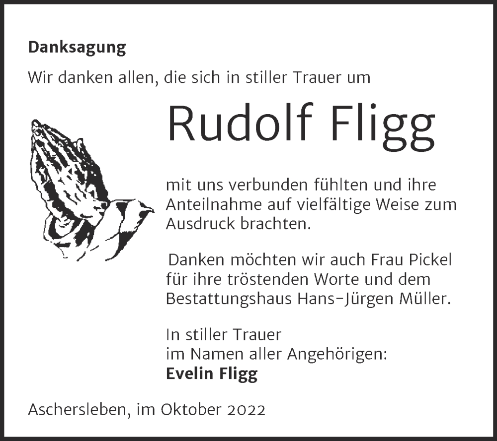  Traueranzeige für Rudolf Fligg vom 15.10.2022 aus Trauerkombi Aschersleben