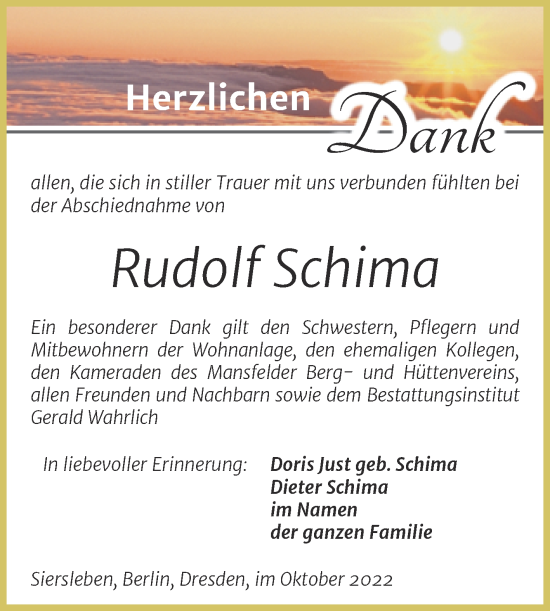 Traueranzeige von Rudolf Schima von Trauerkombi Mansfelder Land