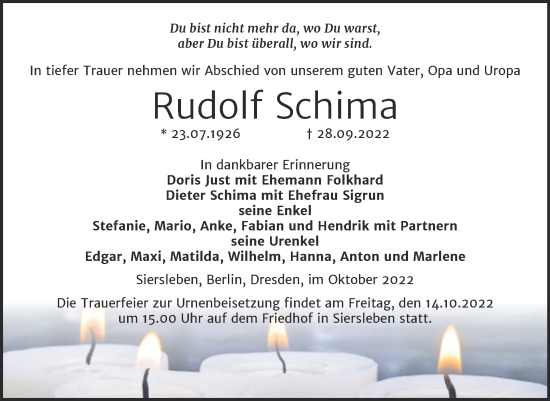 Traueranzeige von Rudolf Schima von Trauerkombi Mansfelder Land