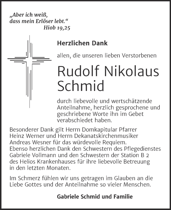 Traueranzeige von Rudolf Nikolaus Schmid von Trauerkombi Sangerhausen