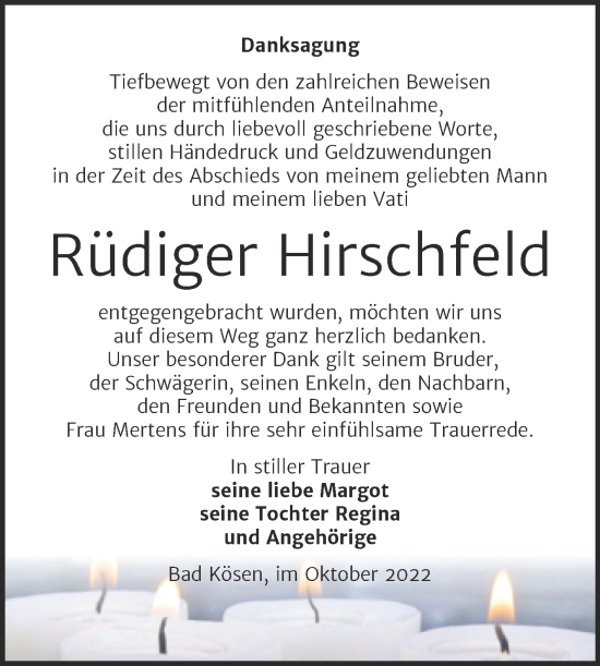 Traueranzeige von Rüdiger Hirschfeld von Wochenspiegel Naumburg/Nebra