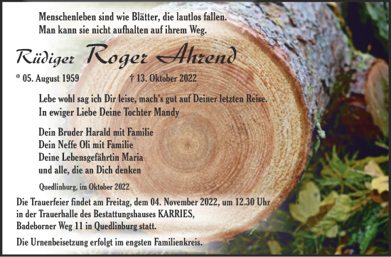 Traueranzeige von Rüdiger Roger Ahrend von Trauerkombi Quedlinburg