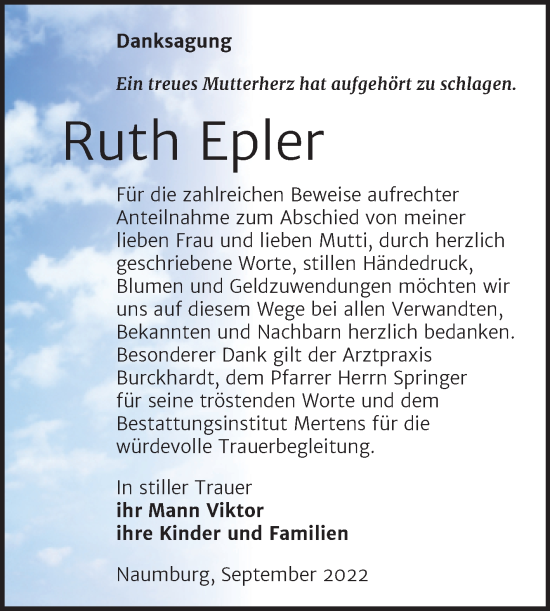 Traueranzeige von Ruth Epler von Wochenspiegel Naumburg/Nebra
