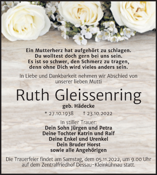 Traueranzeige von Ruth Gleissenring von Trauerkombi Dessau