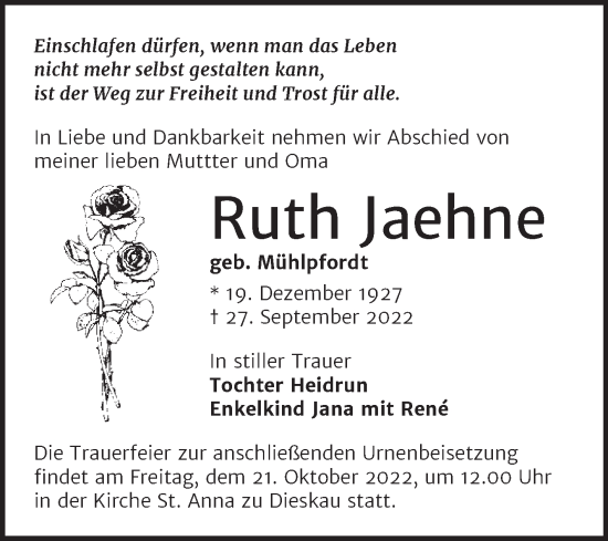 Traueranzeige von Ruth Jaehne von Mitteldeutsche Zeitung Halle/Saalkreis