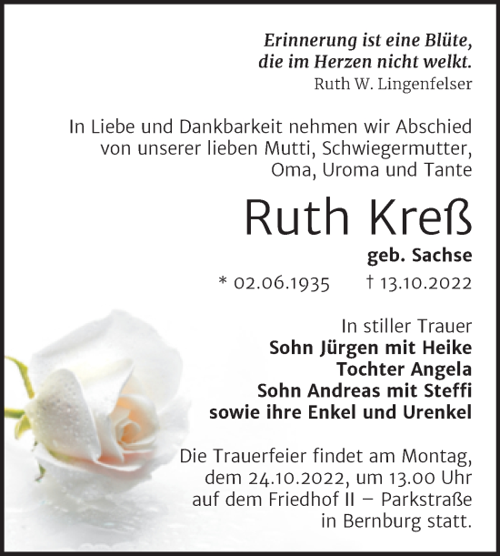 Traueranzeige von Ruth Kreß von Trauerkombi Bernburg