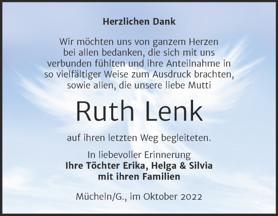 Traueranzeige von Ruth Lenk von Trauerkombi Merseburg