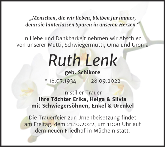 Traueranzeige von Ruth Lenk von Trauerkombi Merseburg