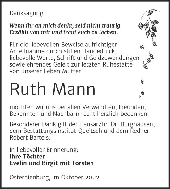 Traueranzeige von Ruth Mann von Trauerkombi Köthen